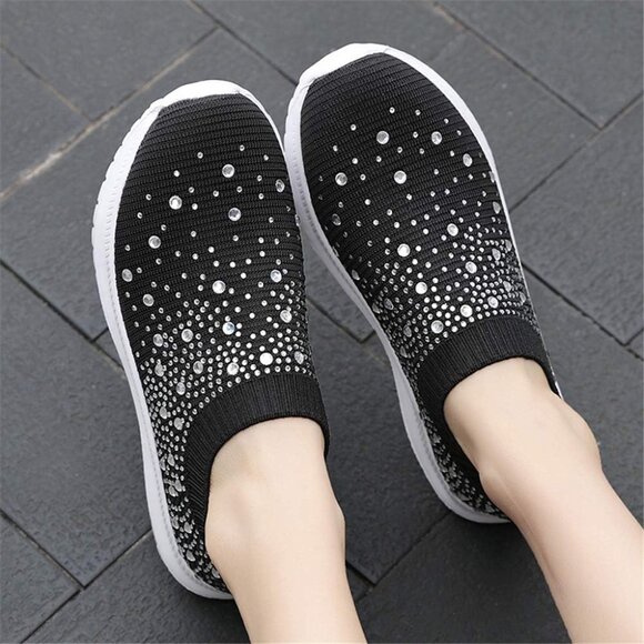 Women's Mesh Walking Shoes Rhinestone Glitter Slip On Ballroom Sneakers Black - Picture 5 of 6